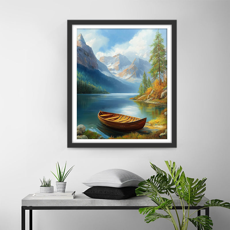 Kleines Holzboot auf dem Bergsee Diamond Painting