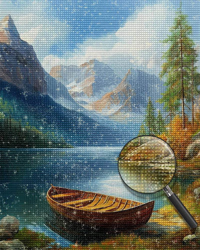 Kleines Holzboot auf dem Bergsee Diamond Painting