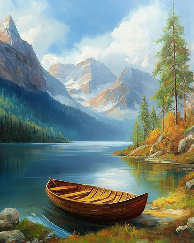 Kleines Holzboot auf dem Bergsee Diamond Painting