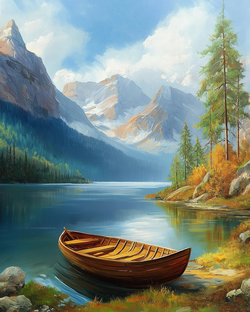 Kleines Holzboot auf dem Bergsee Diamond Painting