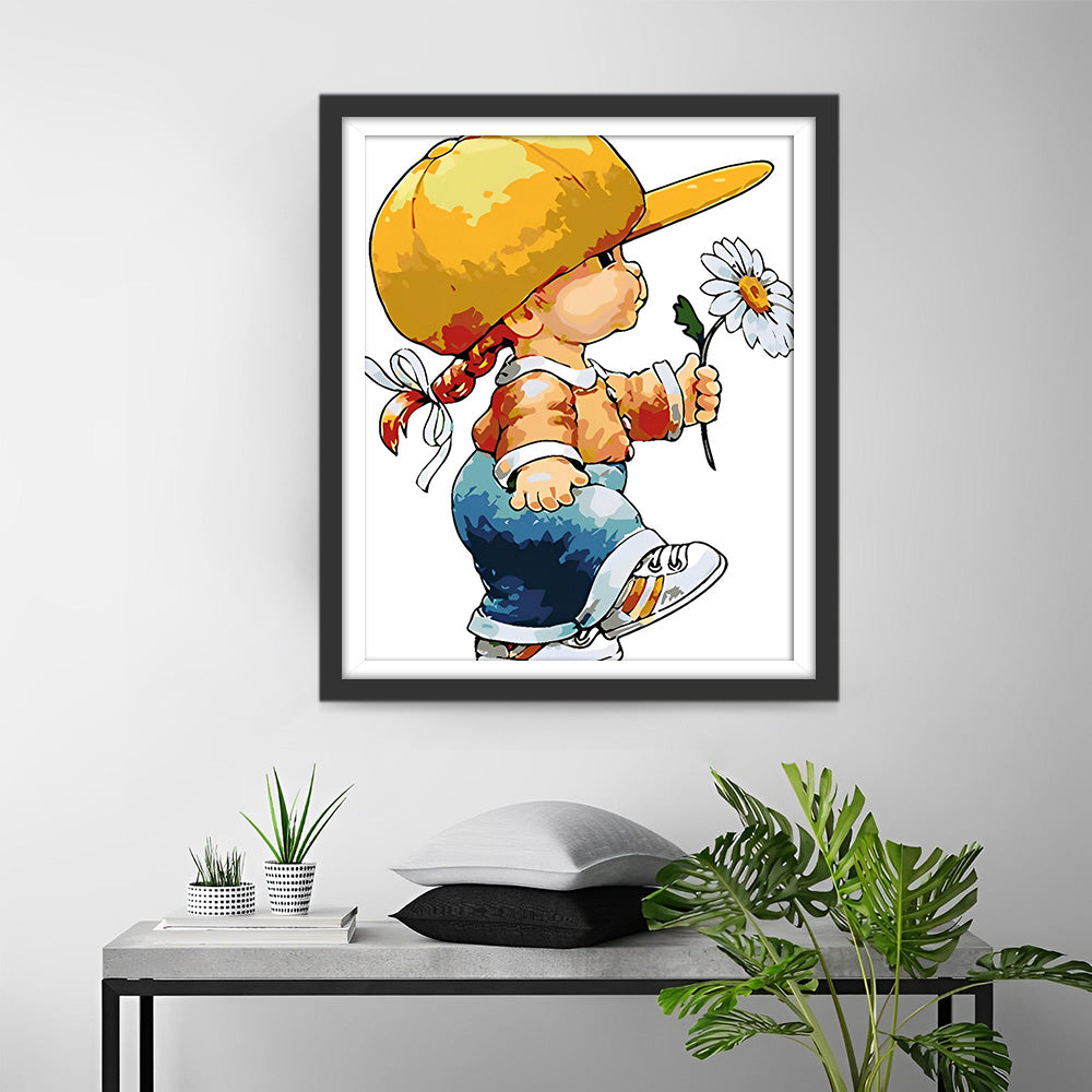 Kleines Mädchen hält ein Gänseblümchen Diamond Painting