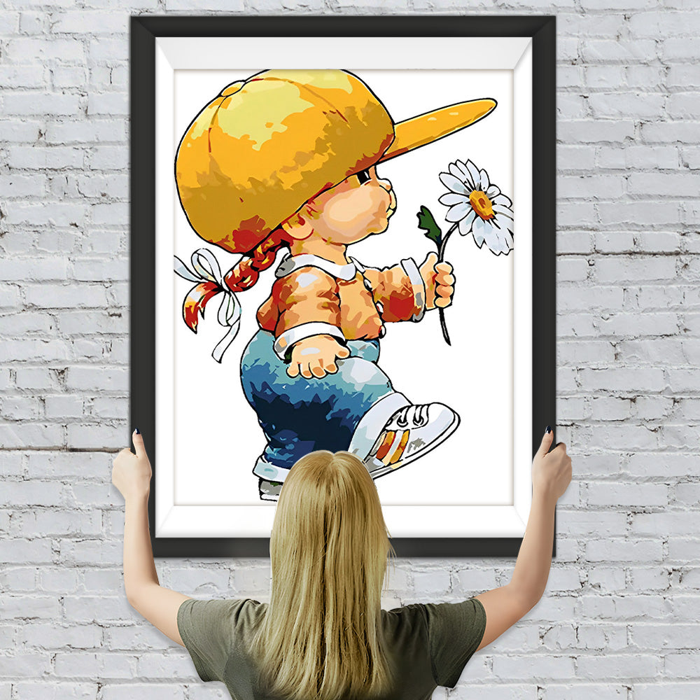 Kleines Mädchen hält ein Gänseblümchen Diamond Painting