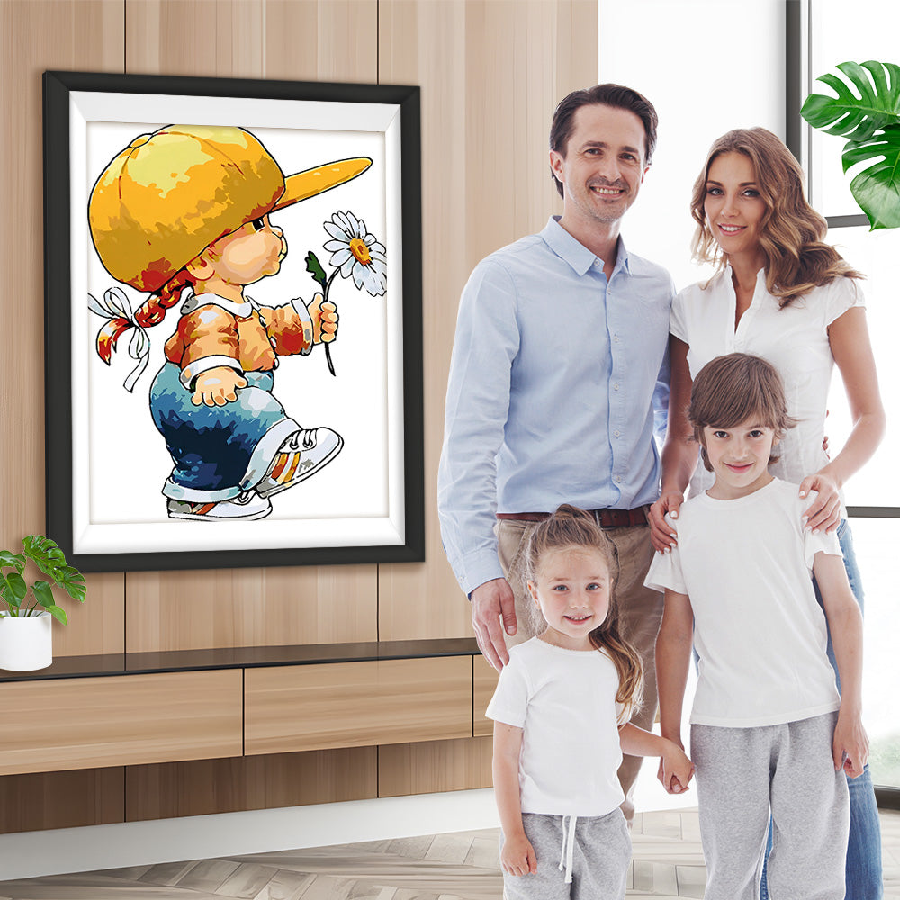 Kleines Mädchen hält ein Gänseblümchen Diamond Painting