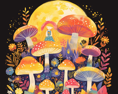 Kleines Mädchen, Pilz und Mond Diamond Painting