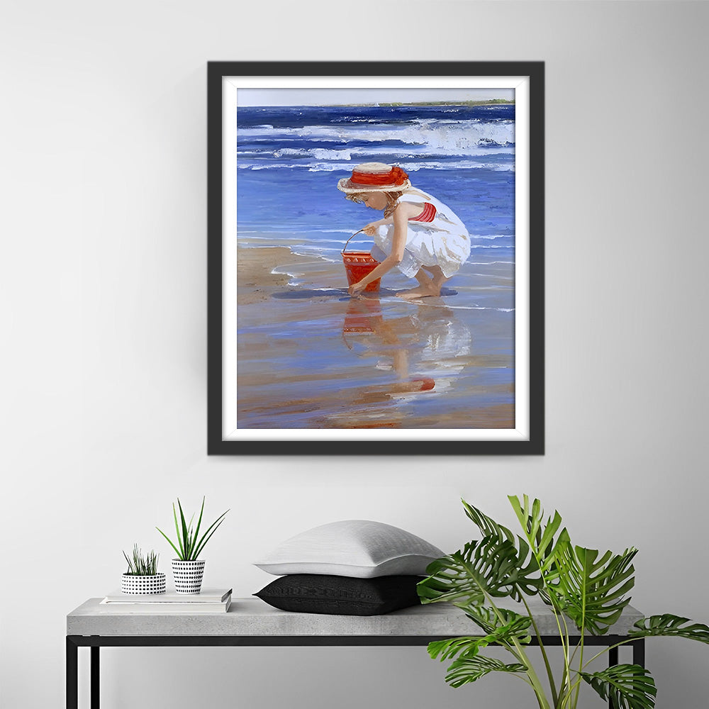 Kleines Mädchen sammelt Muscheln am Meer Diamond Painting