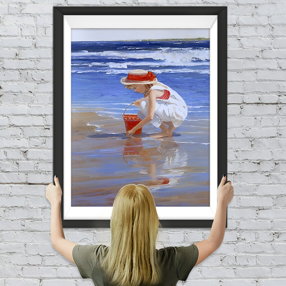 Kleines Mädchen sammelt Muscheln am Meer Diamond Painting