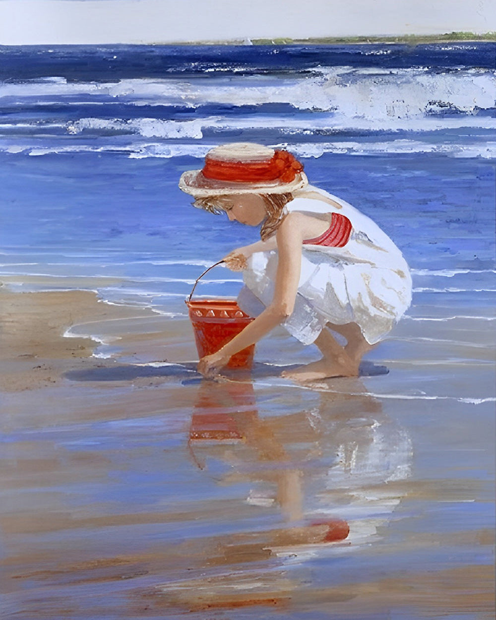 Kleines Mädchen sammelt Muscheln am Meer Diamond Painting