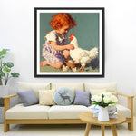 Kleines Mädchen und weiße Henne Diamond Painting