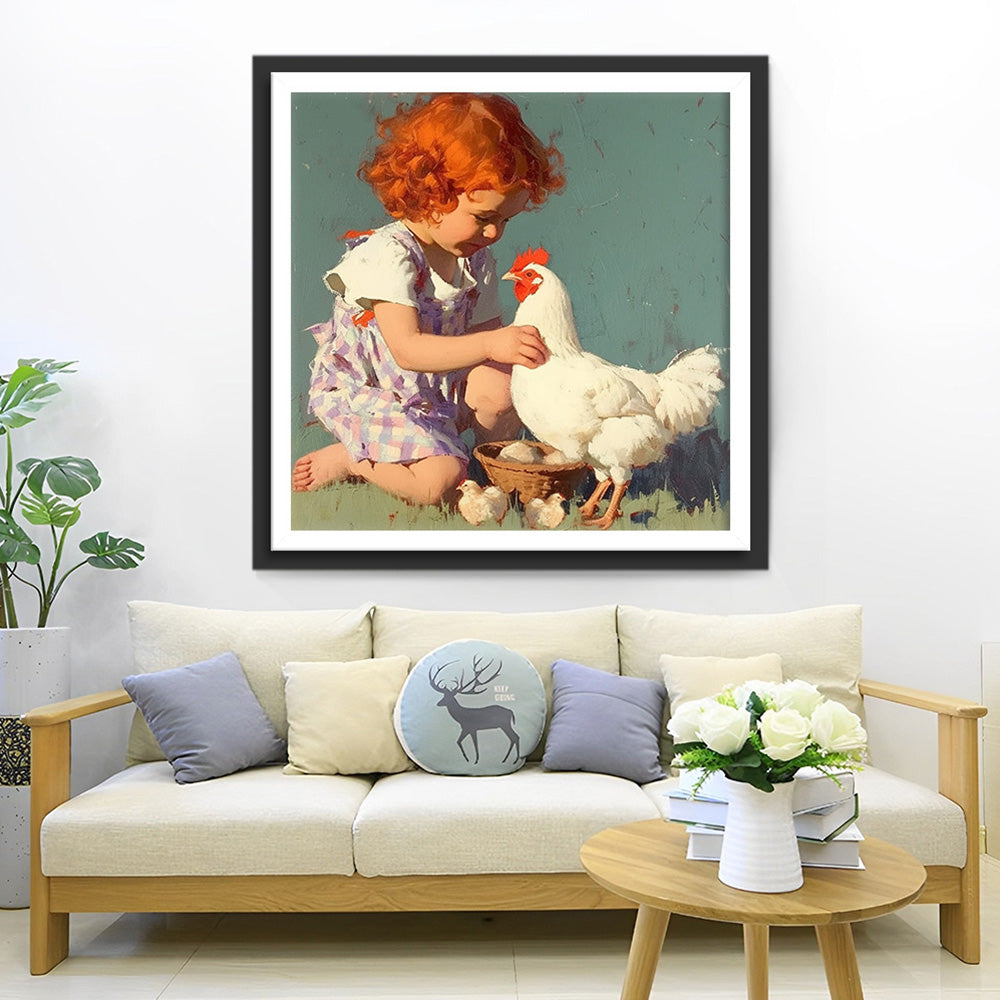 Kleines Mädchen und weiße Henne Diamond Painting