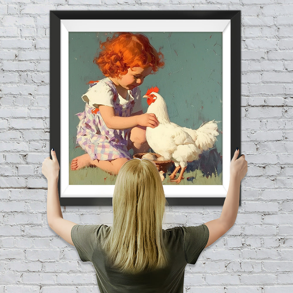 Kleines Mädchen und weiße Henne Diamond Painting