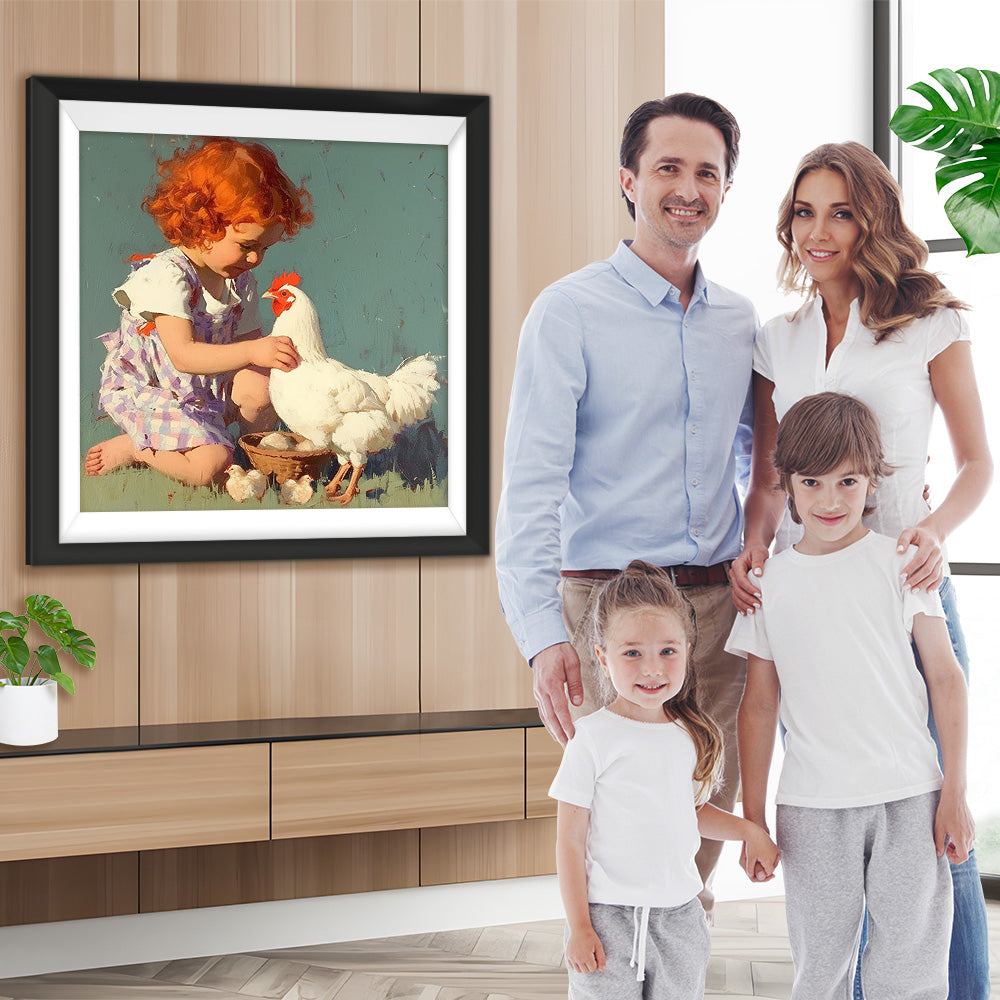 Kleines Mädchen und weiße Henne Diamond Painting