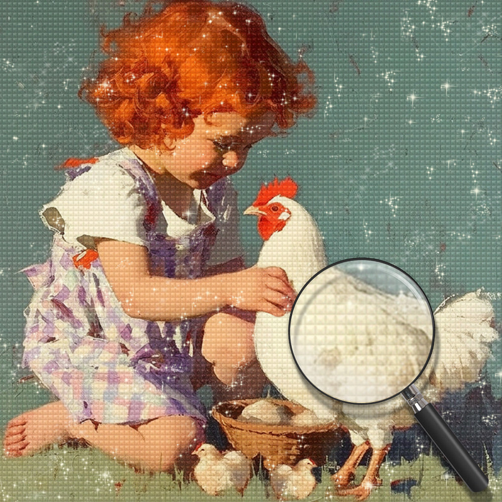 Kleines Mädchen und weiße Henne Diamond Painting