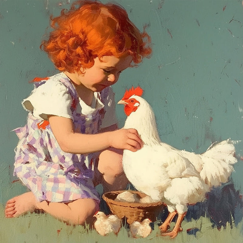 Kleines Mädchen und weiße Henne Diamond Painting