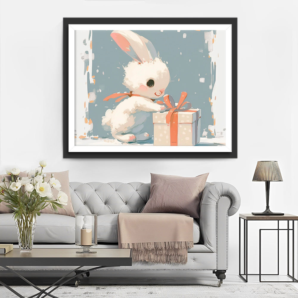Kleines weißes Kaninchen Geschenkbox öffnen Diamond Painting