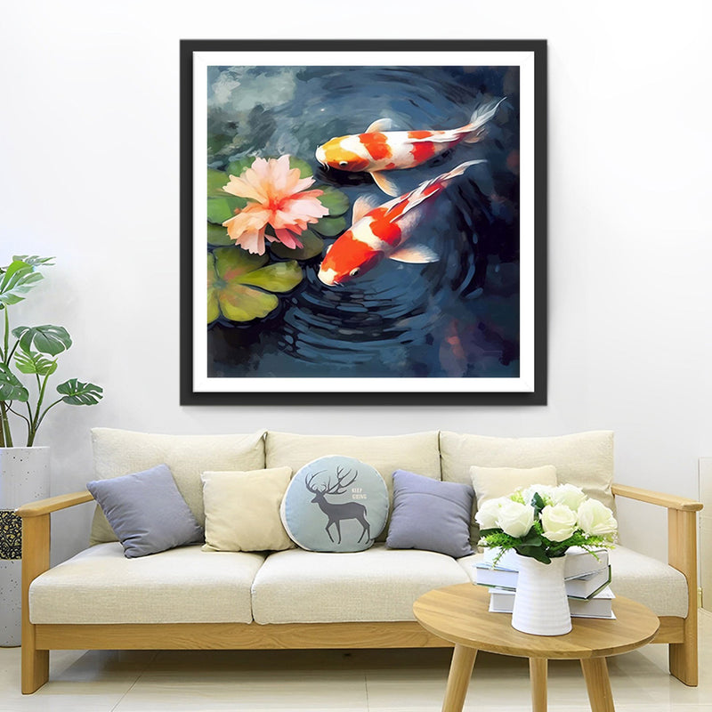 Koi und rosa Blume im Teich Diamond Painting