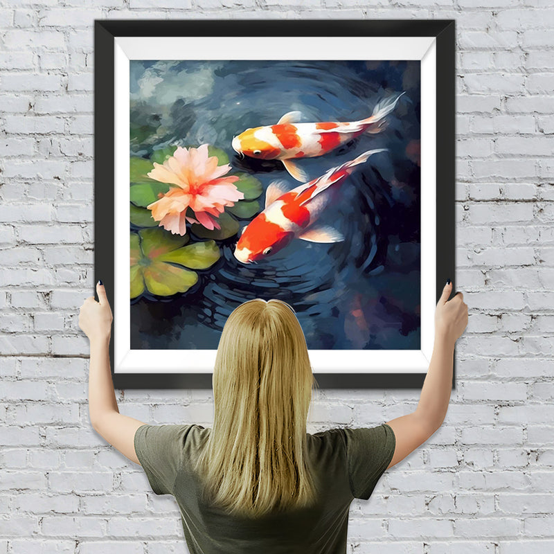 Koi und rosa Blume im Teich Diamond Painting