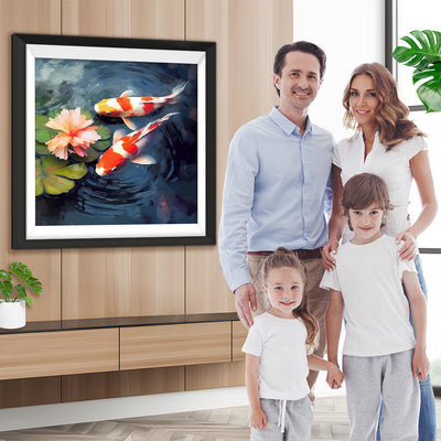 Koi und rosa Blume im Teich Diamond Painting