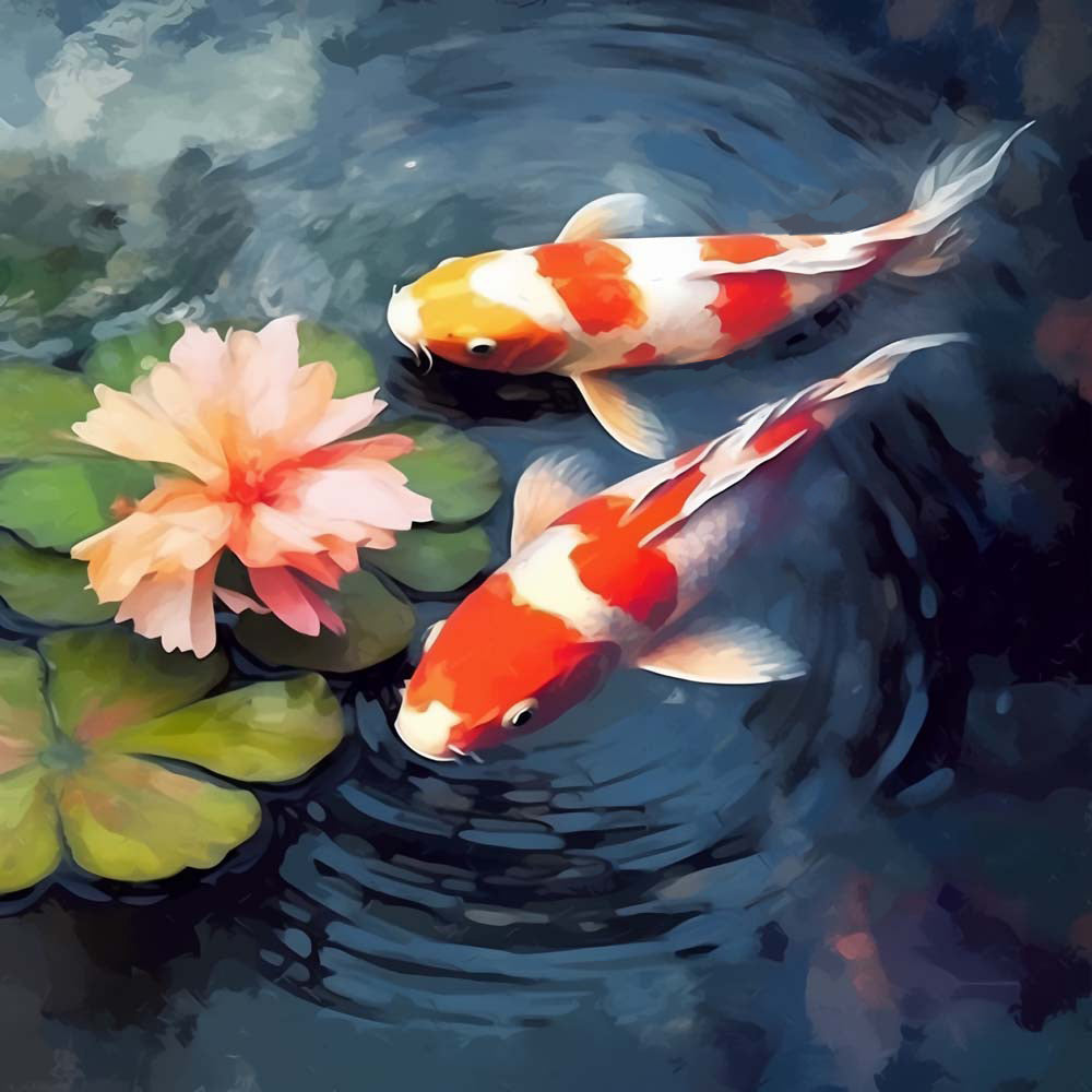 Koi und rosa Blume im Teich Diamond Painting