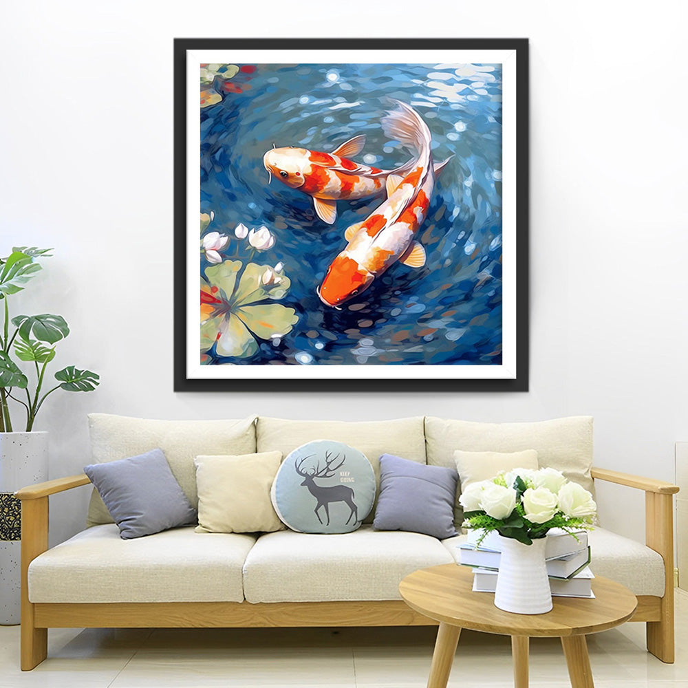 Koi und Weißer Lotus im Teich Diamond Painting