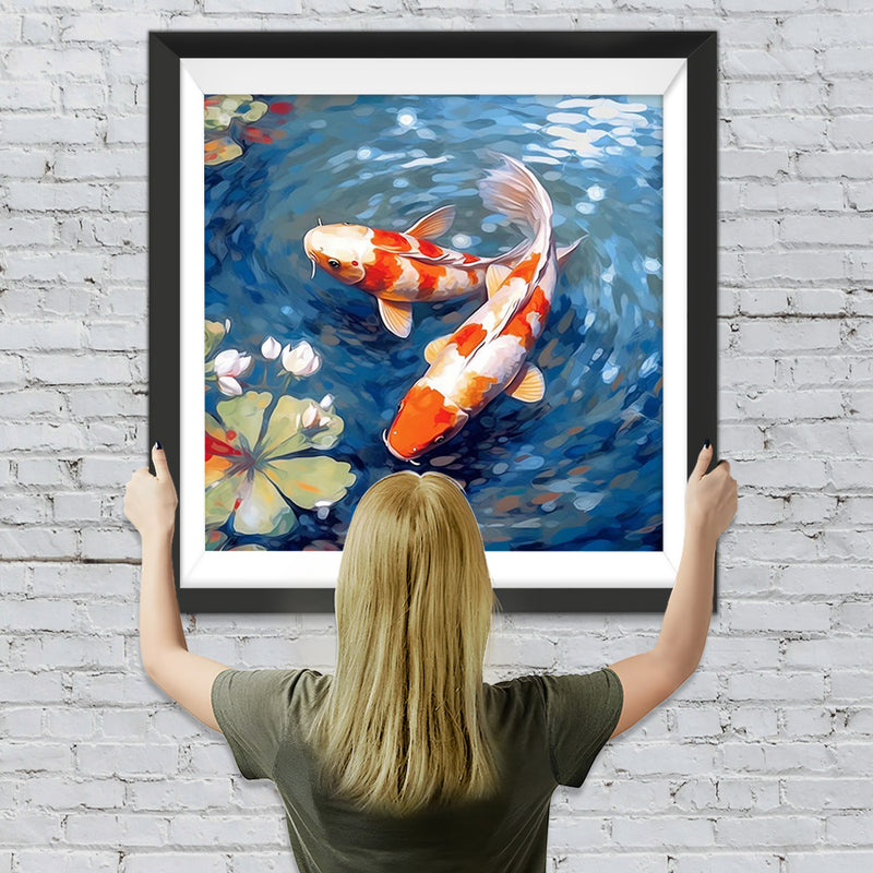 Koi und Weißer Lotus im Teich Diamond Painting