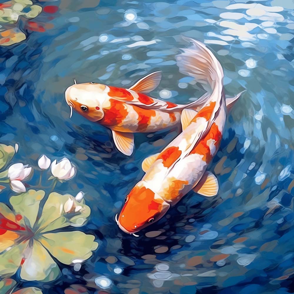 Koi und Weißer Lotus im Teich Diamond Painting