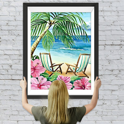 Kokospalme, Hibiskusblüten und Strand Diamond Painting