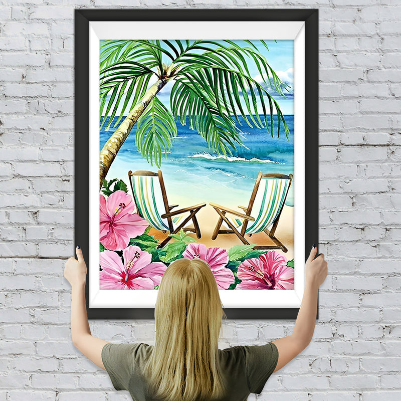 Kokospalme, Hibiskusblüten und Strand Diamond Painting