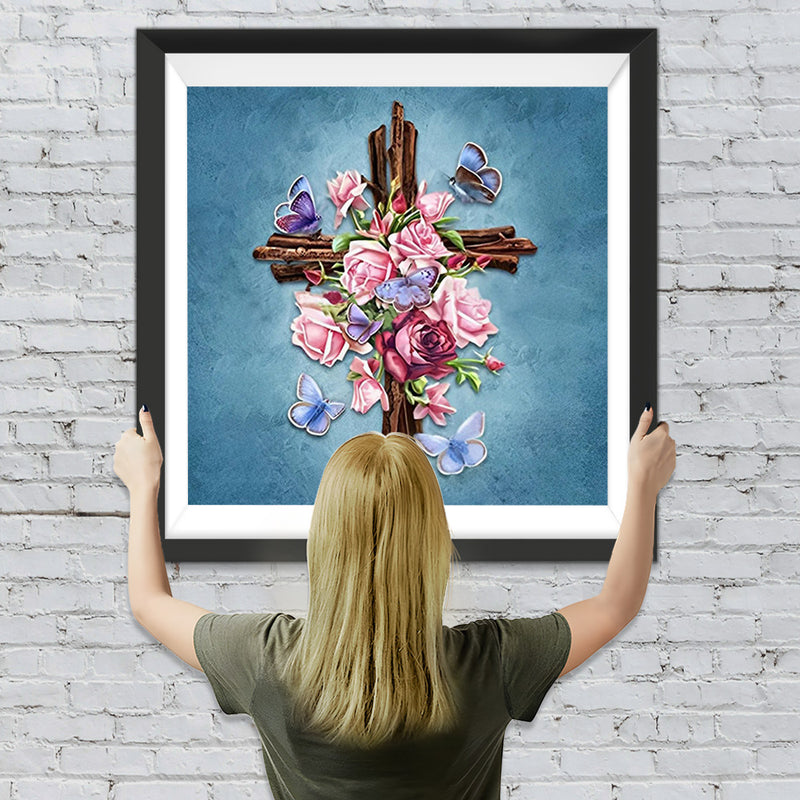 Kreuz, Blumen und Schmetterlinge Diamond Painting