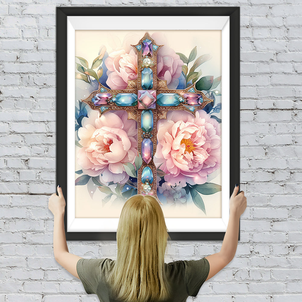 Kreuz und Rosa Blumen Diamond Painting