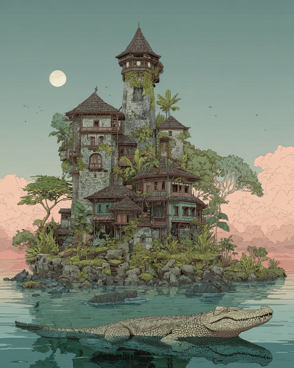 Krokodil und Burg Diamond Painting