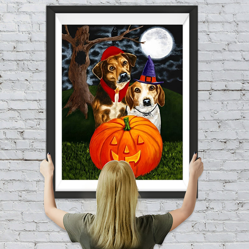 Kürbislaterne, Hunde und Vollmond Diamond Painting