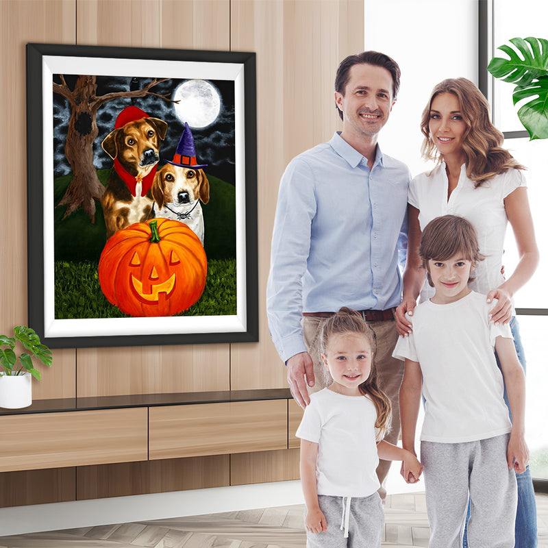 Kürbislaterne, Hunde und Vollmond Diamond Painting