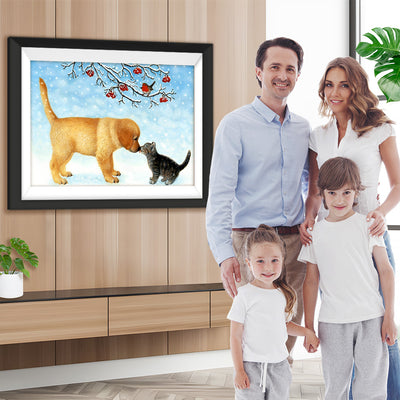 Küssende Katze und Hund im Schnee Diamond Painting