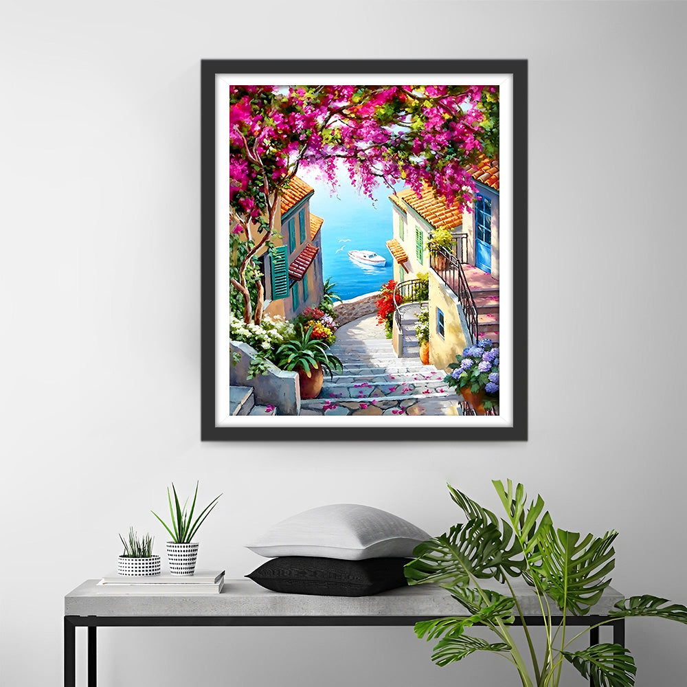 Küstenstadt Treppe und Blumenbaum Diamond Painting