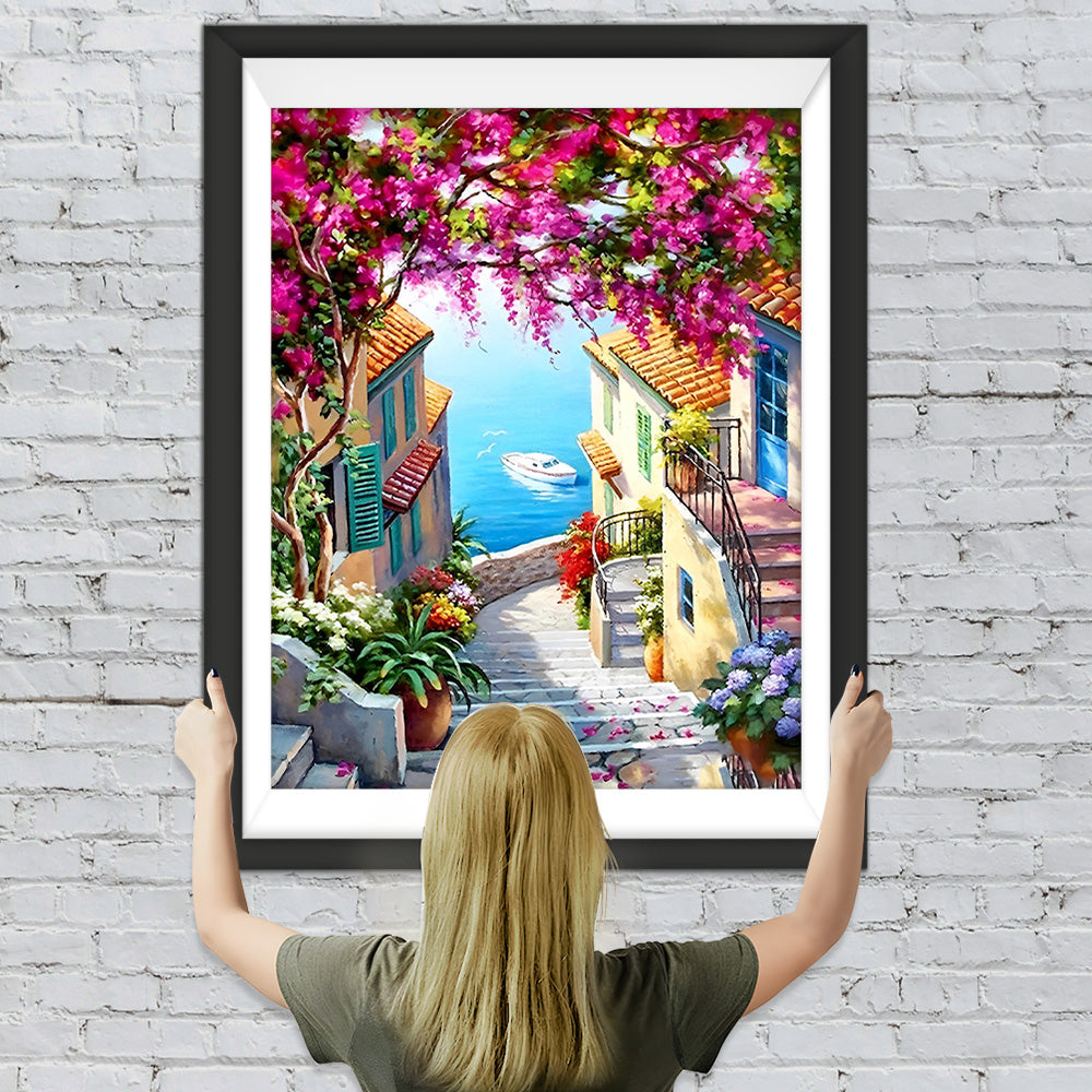 Küstenstadt Treppe und Blumenbaum Diamond Painting