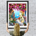 Küstenstadt Treppe und Blumenbaum Diamond Painting