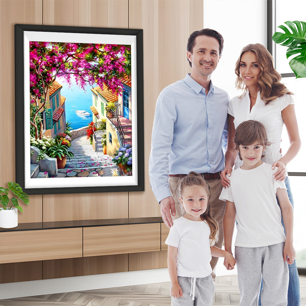 Küstenstadt Treppe und Blumenbaum Diamond Painting