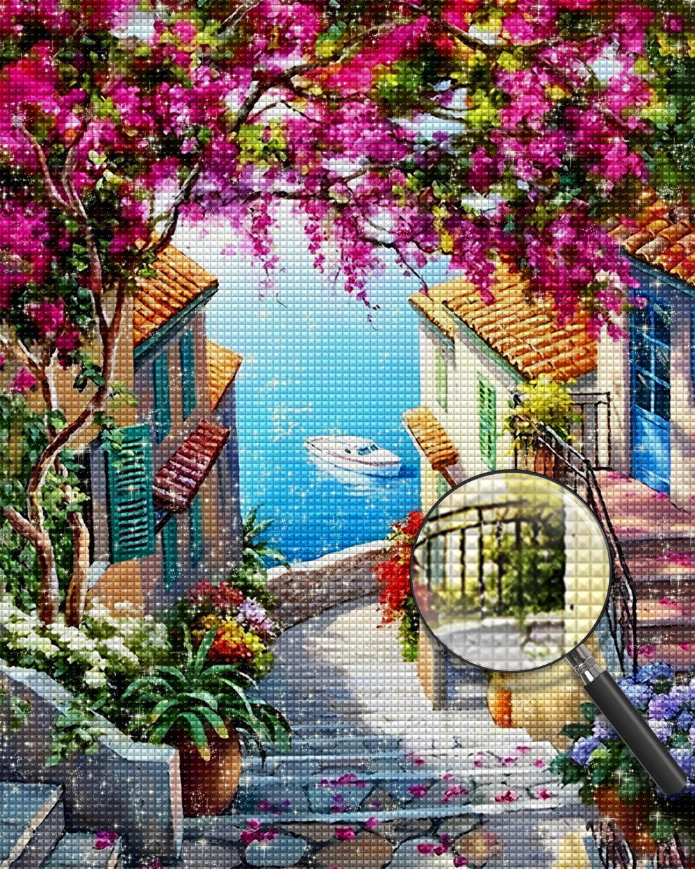 Küstenstadt Treppe und Blumenbaum Diamond Painting