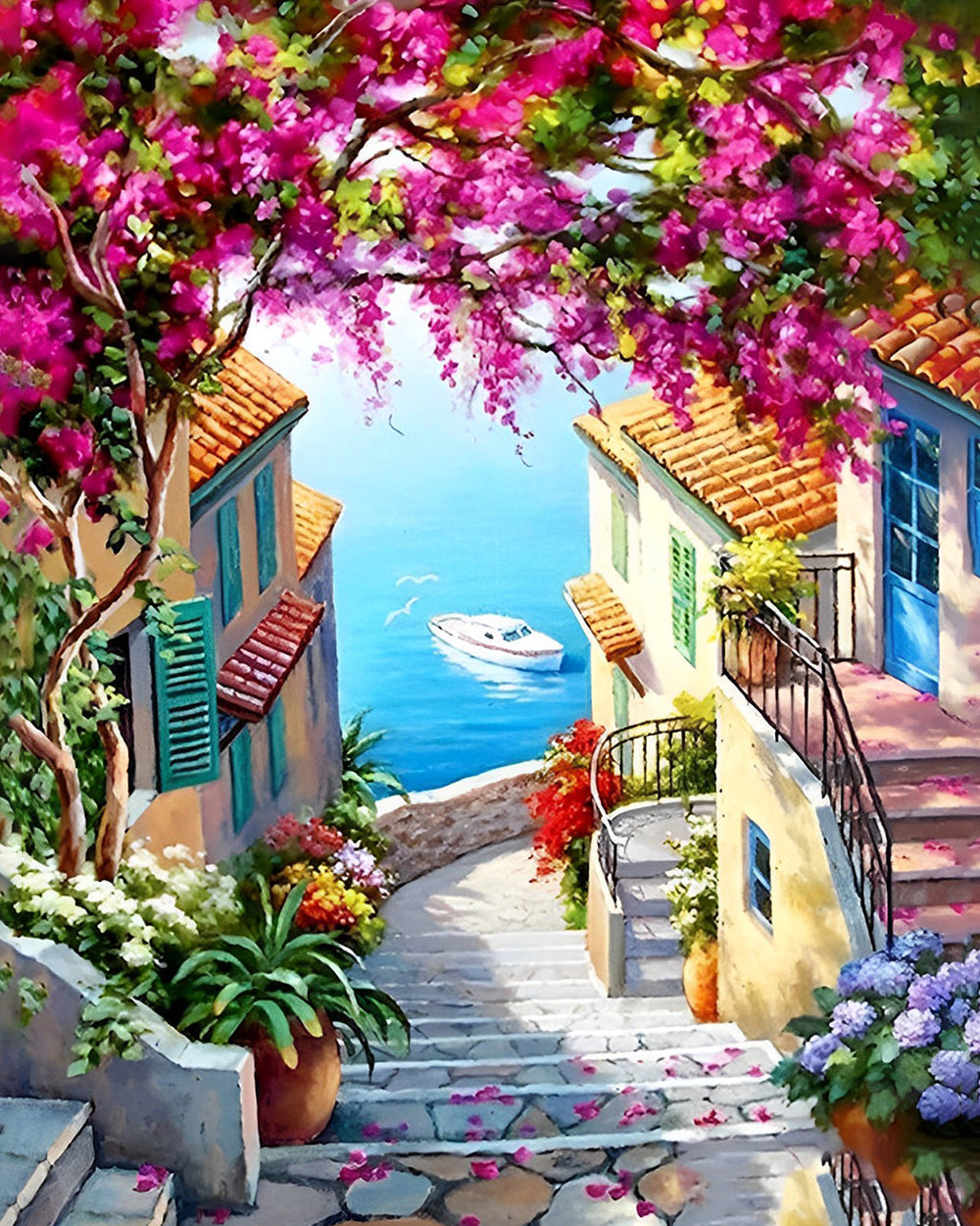 Küstenstadt Treppe und Blumenbaum Diamond Painting