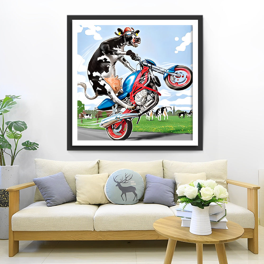 Kuh auf einem Motorrad Diamond Painting