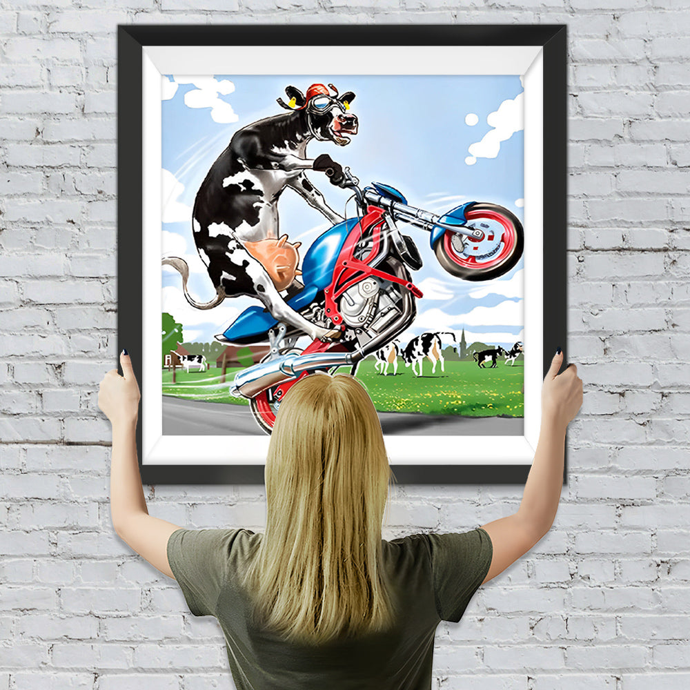 Kuh auf einem Motorrad Diamond Painting