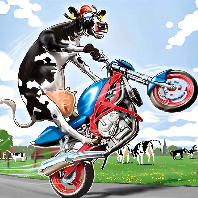 Kuh auf einem Motorrad Diamond Painting