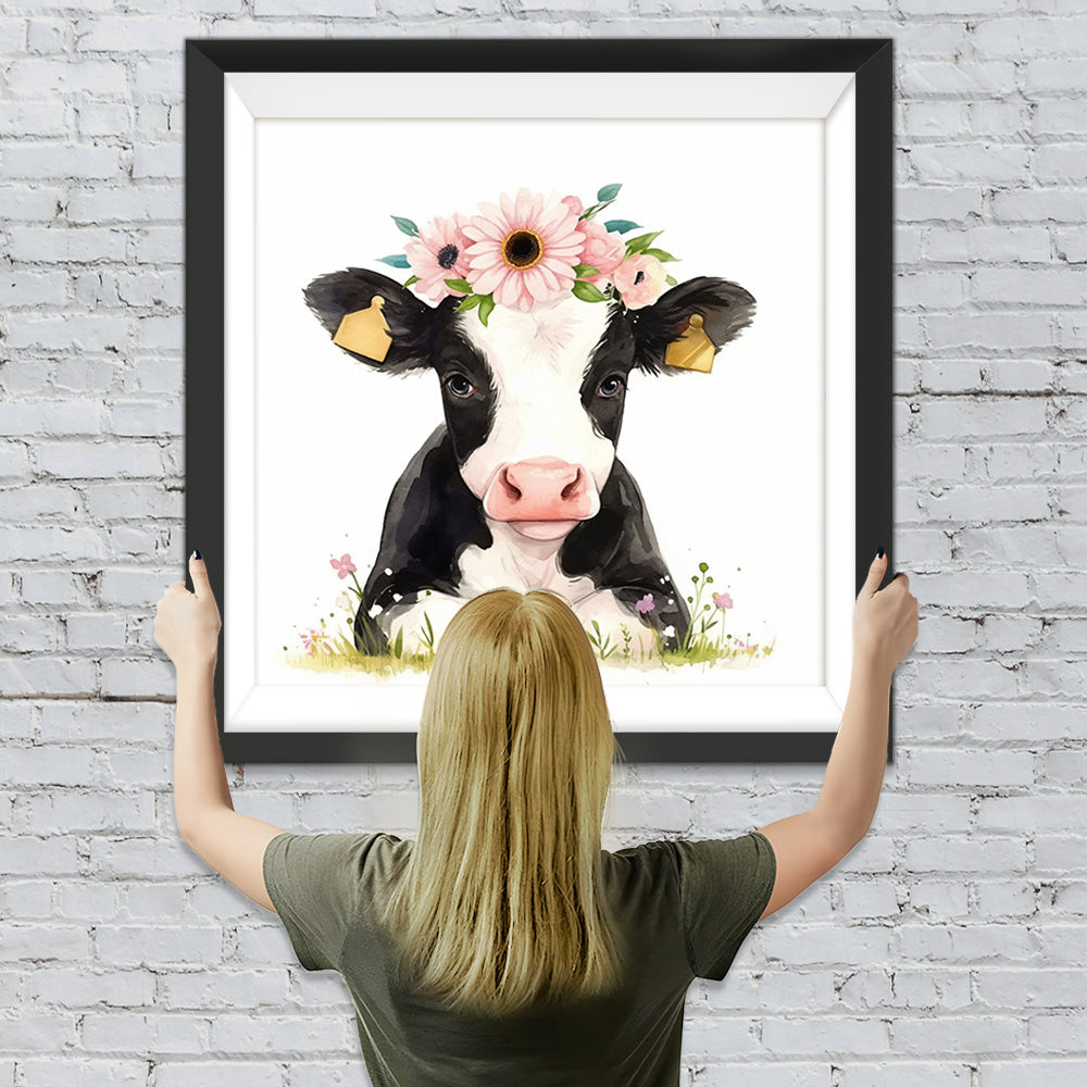 Kuh mit rosa Gänseblümchen Diamond Painting