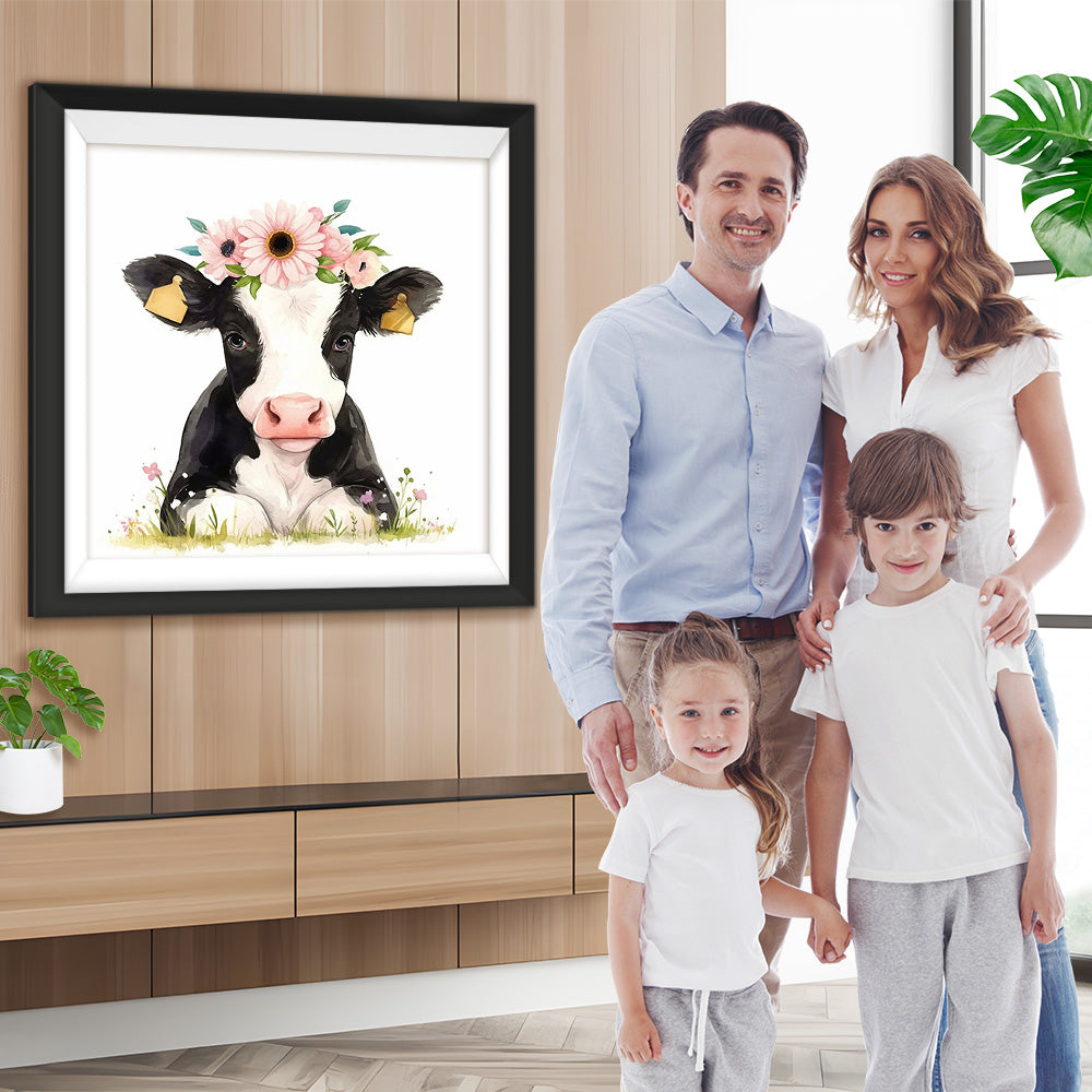 Kuh mit rosa Gänseblümchen Diamond Painting