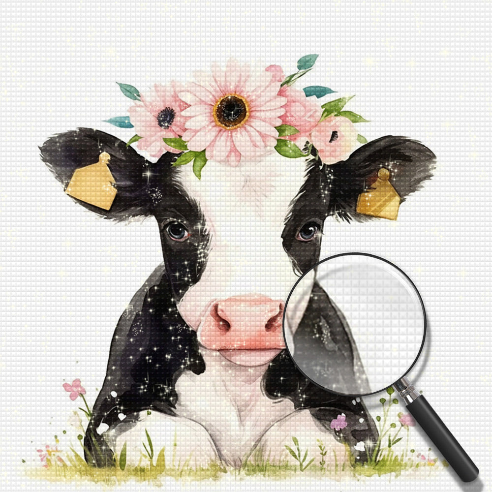 Kuh mit rosa Gänseblümchen Diamond Painting