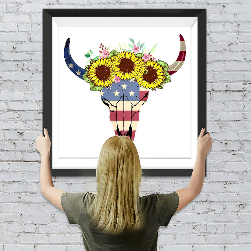 Kuh-Totenkopf mit Sonnenblumen Diamond Painting