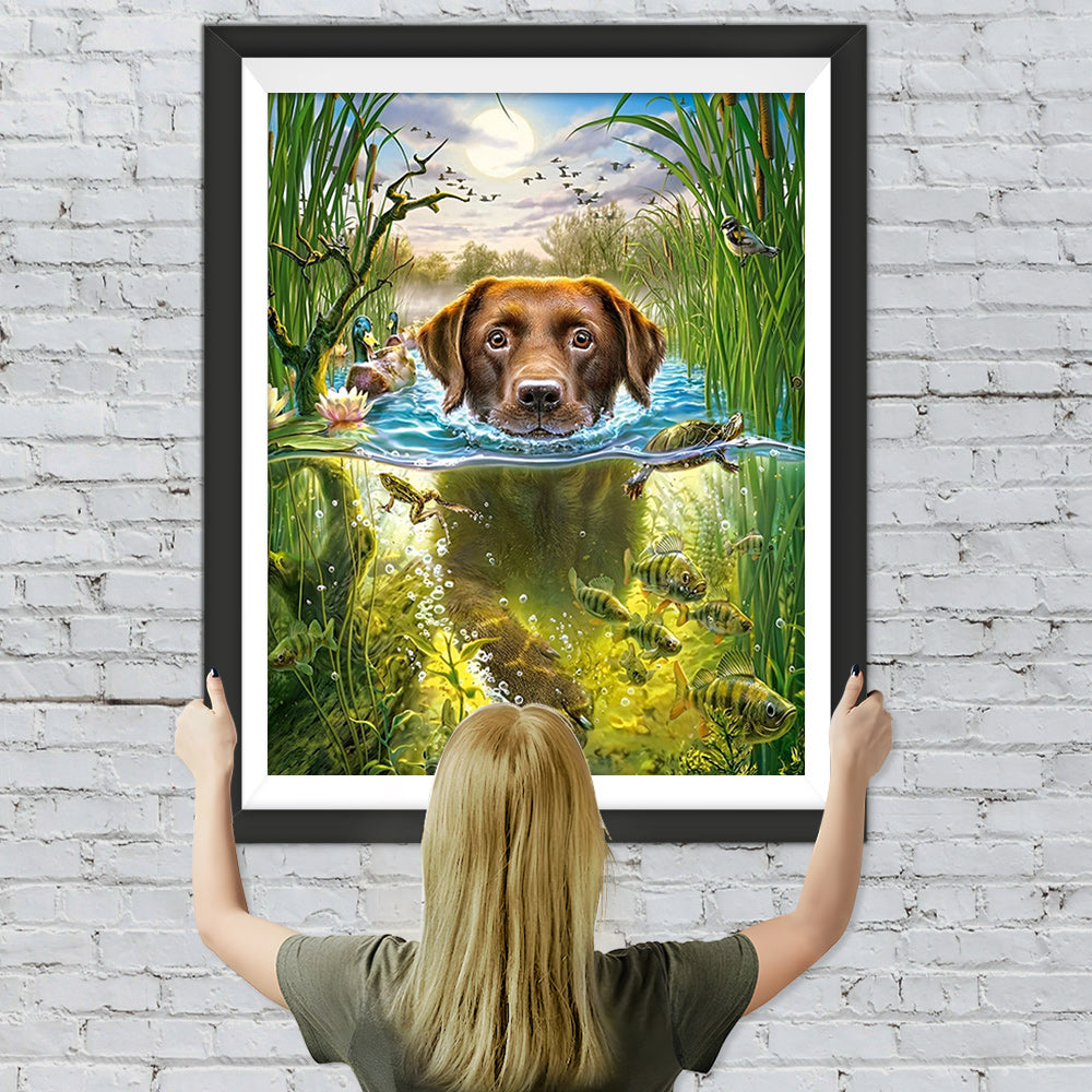 Labrador Retriever im Wasser fischen Diamond Painting