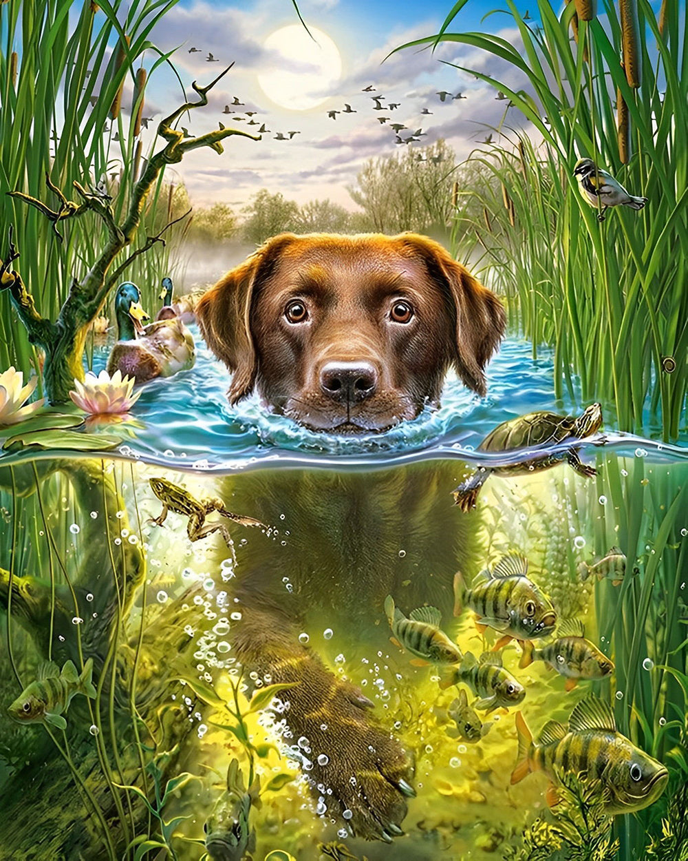 Labrador Retriever im Wasser fischen Diamond Painting