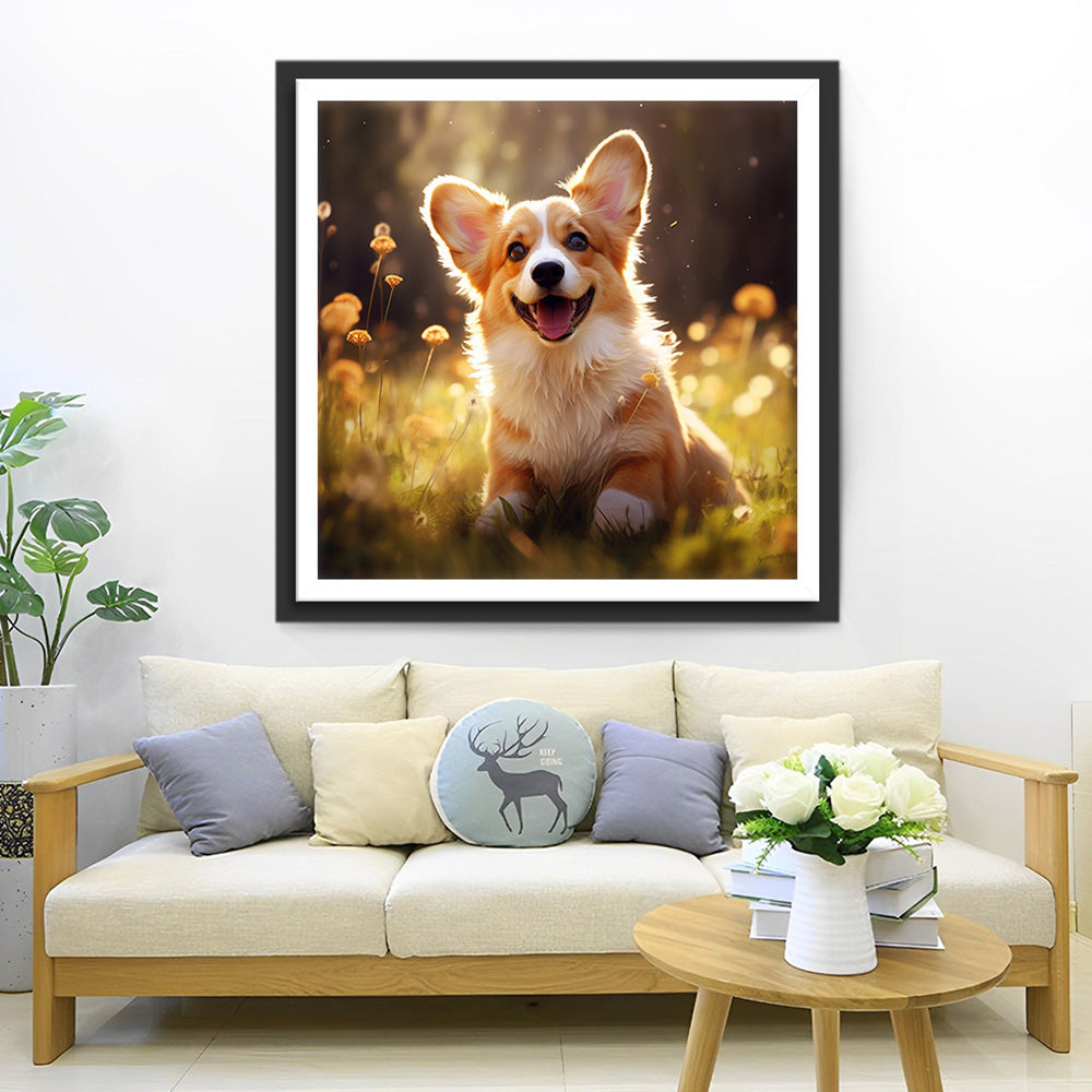 Lächelnder Hund auf dem Gras Diamond Painting