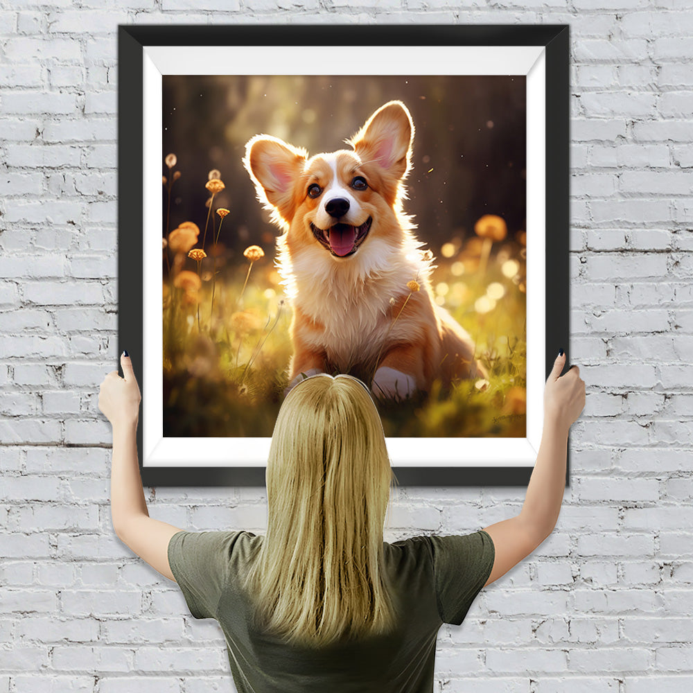 Lächelnder Hund auf dem Gras Diamond Painting